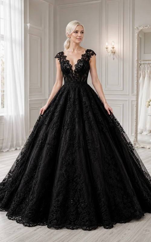 Robe de mariée noire en dentelle à col V profond et manches courtes