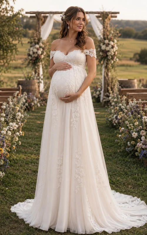 Country Maternity Off-the-shoulder Chiffon A-line Wedding Dress with Lace