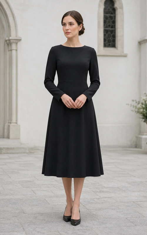 Robe midi commémorative noire à manches longues et col bateau