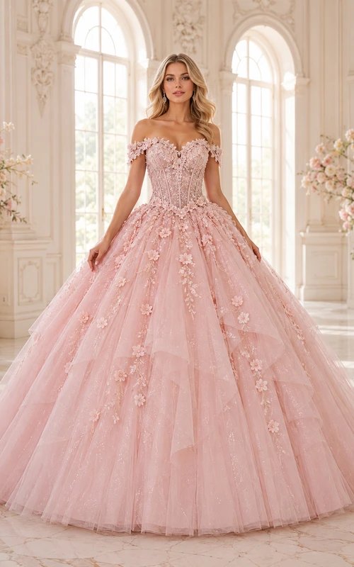 Vestido de fiesta largo hasta el suelo para quinceañera, modelo Rosette Pearl-Pink, con escote corazón, encaje floral y tul.
