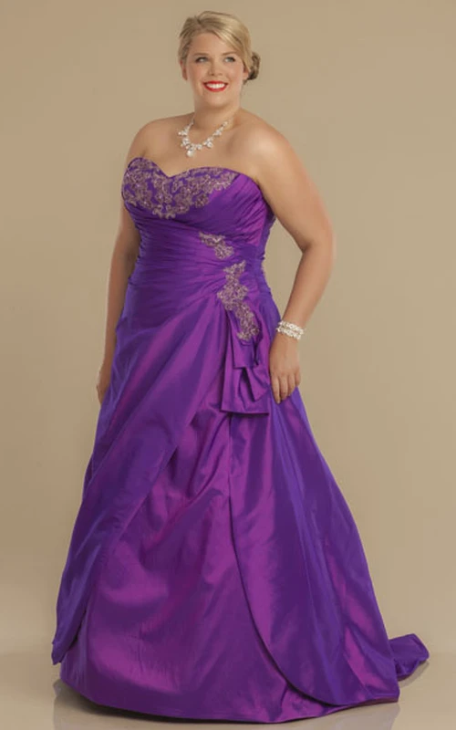 Vestido de novia largo de satén sin mangas con apliques, corte en A y escote corazón, talla grande.