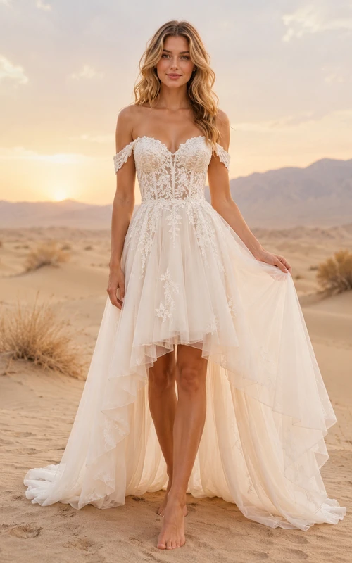 Vestido de novia bohemio asimétrico con hombros descubiertos para fugas nupciales en el desierto.