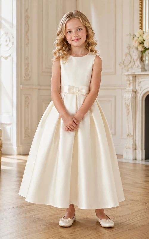 Blumenmädchenkleid aus elfenbeinfarbenem Satin, A-Linie, Rundhalsausschnitt, Teelänge, Schleifendetail