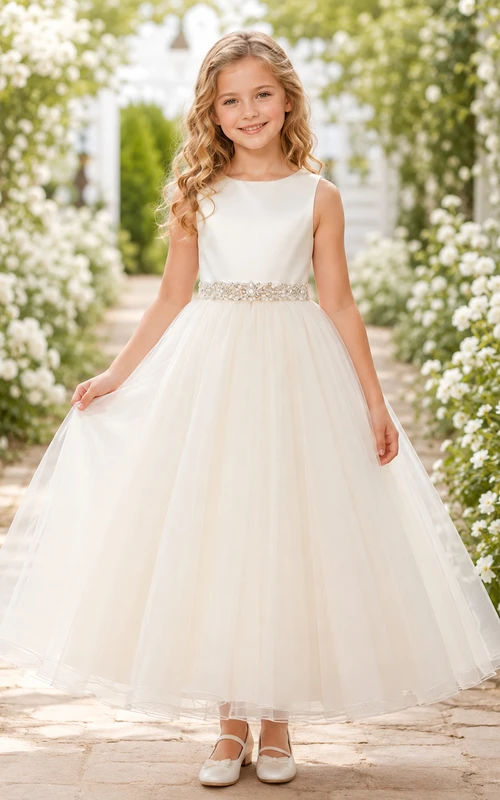 Satin Bodice Tulle A-Line Flower Girl Dress with Jewel Neck, Tea-Length Skirt and Sash Detail