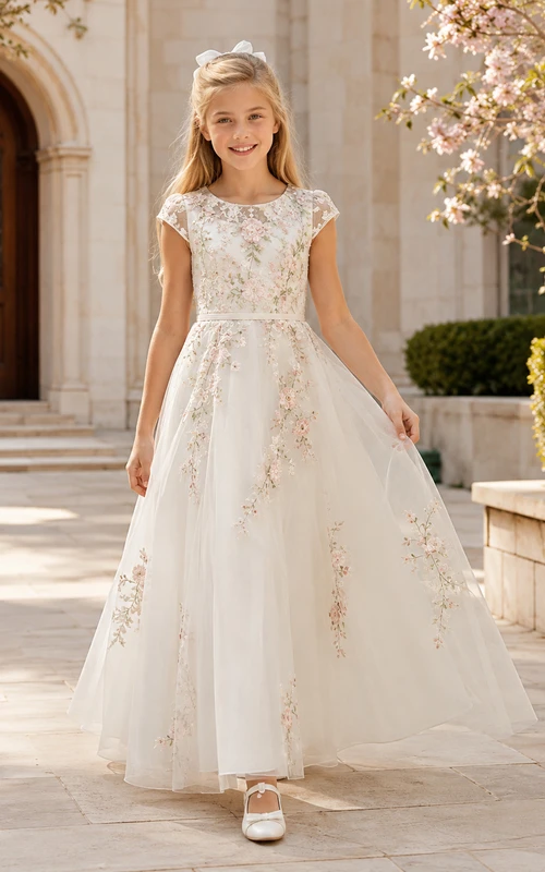 Robe de communion trapèze à manches bateau et broderies florales, style printanier