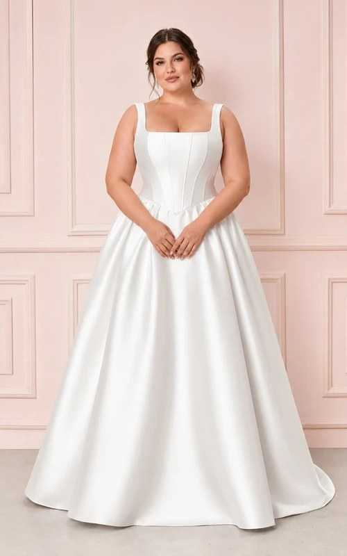 Plus Size Square Neck Satin Ball Gown Studio Bridal Dress