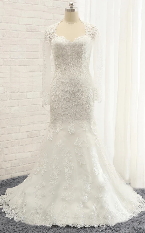 Robe sirène longue jusqu'au sol, décolleté cœur, manches longues, applications, traîne, dos nu, fermeture à boutons et zip, corset en dentelle avec découpe en forme de goutte