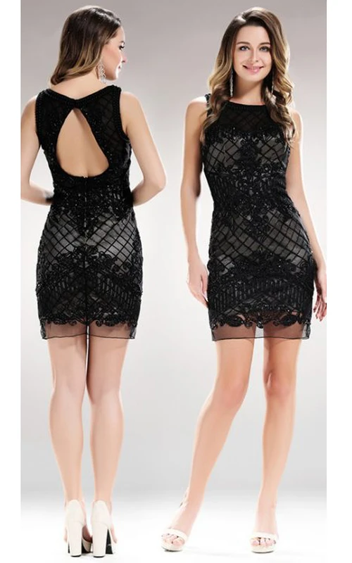 Robe fourreau courte sans manches à encolure bateau et découpe en goutte d'eau ornée d'appliqués