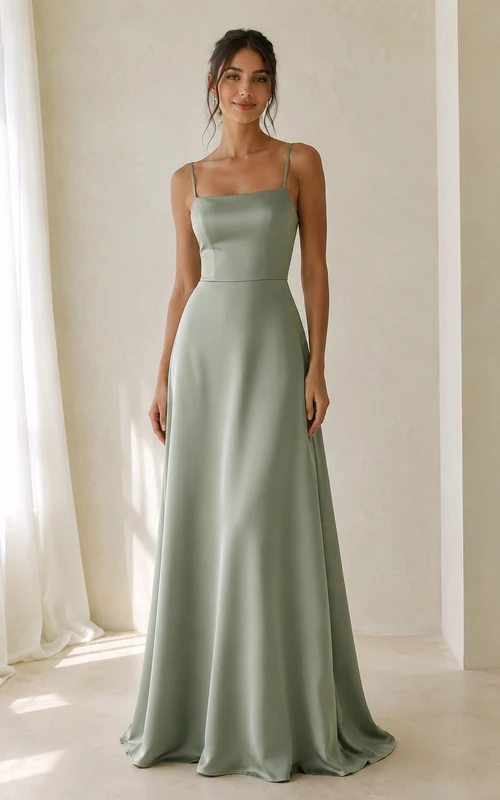 Vestido de dama de honor de satén con escote cuadrado y corte en A, color verde salvia.