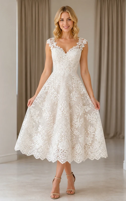 Teelanges Vintage-Hochzeitskleid mit herzförmigem Ausschnitt, kurzen Ärmeln und Spitze in A-Linie
