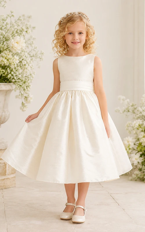 Luxury Silk Dupioni Jewel Neck Sleeveless Bow Tea-Length A-Line Formal Flower Girl Dress