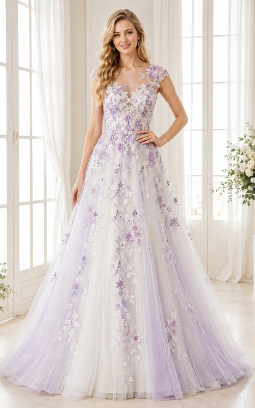 Lavendelfarbenes Brautkleid aus Tüll in A-Linie mit Blumenmuster, V-Ausschnitt, kurzen Ärmeln und Kapellenschleppe