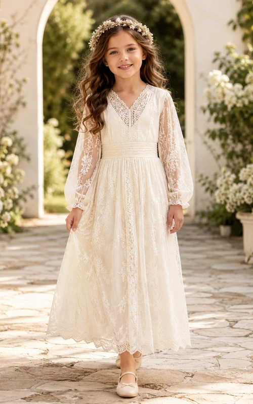 Boho-Kleid in A-Linie mit V-Ausschnitt, langen Spitzenärmeln und V-Ausschnitt zur Erstkommunion