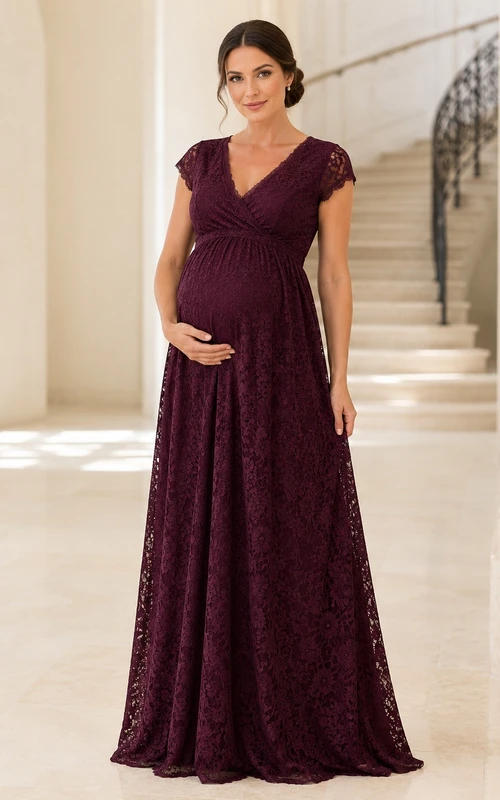 Burgundy Romantic Elegant V-Neck Short-Sleeve Lace Ruched A-Line Floor-Length Formal Dress