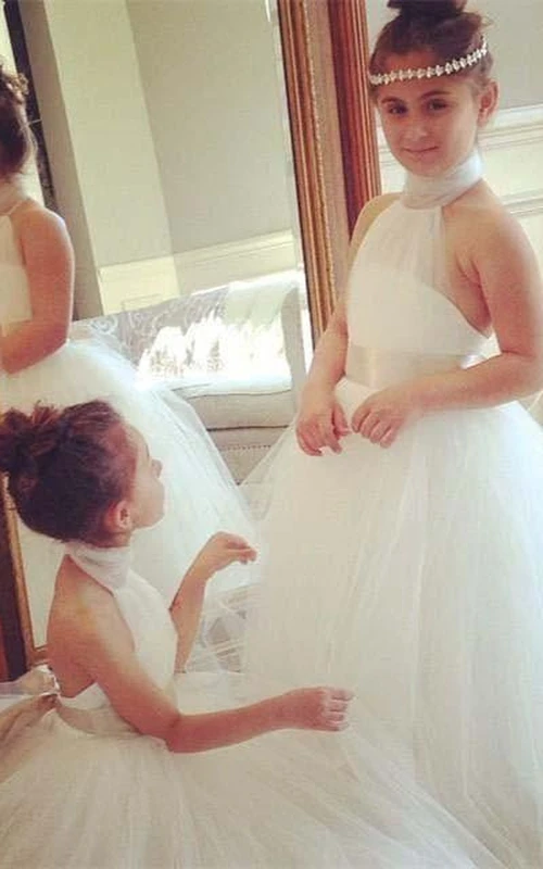 Romantic High Neck White Tulle Flower Girl Dress Bowknot Sweep Train