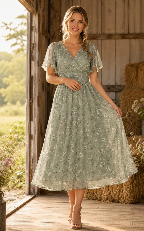 Rustic Barn Sage Lace V-Neck A-Line Tea-Length Short Sleeve Guest Dress