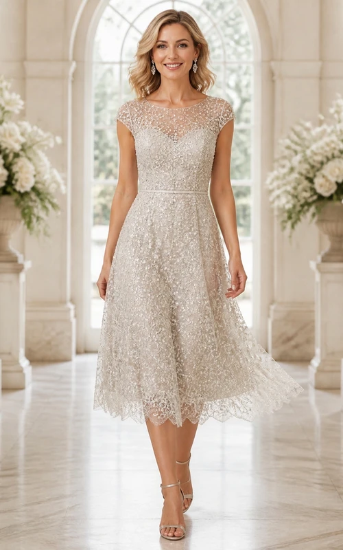 Teelanges, ärmelloses A-Linien-Hochzeitskleid aus feiner Spitze mit hohem Kragen und elegantem Teelängen-Finish