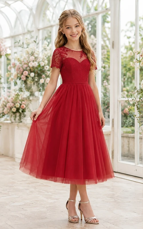 Vestido rojo de dama de honor juvenil, corte en A, largo hasta la rodilla, manga corta con detalle decorativo, estilo romántico.