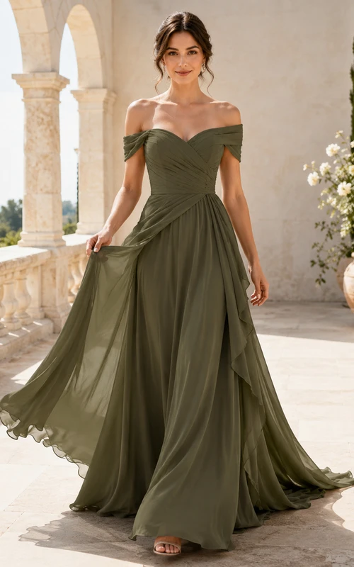Olive Green Romantic Off Shoulder Chiffon A-Line Court Train Wedding Gown