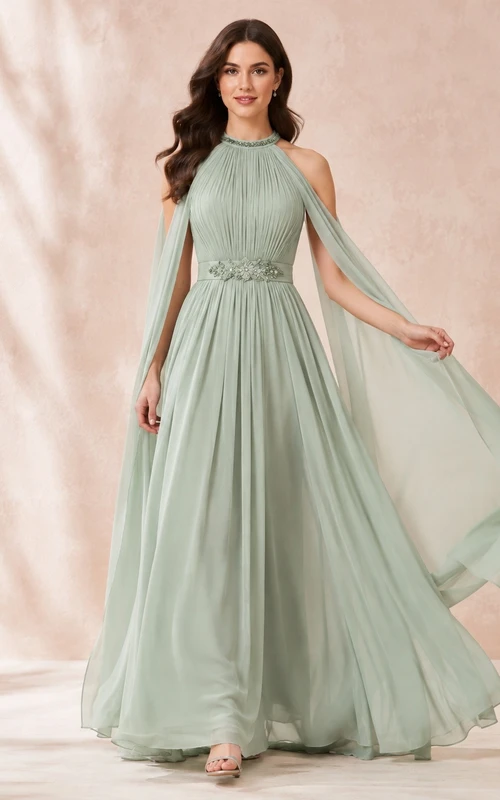 Modest High Neck Cape Chiffon A-Line Floor Length Formal Dress
