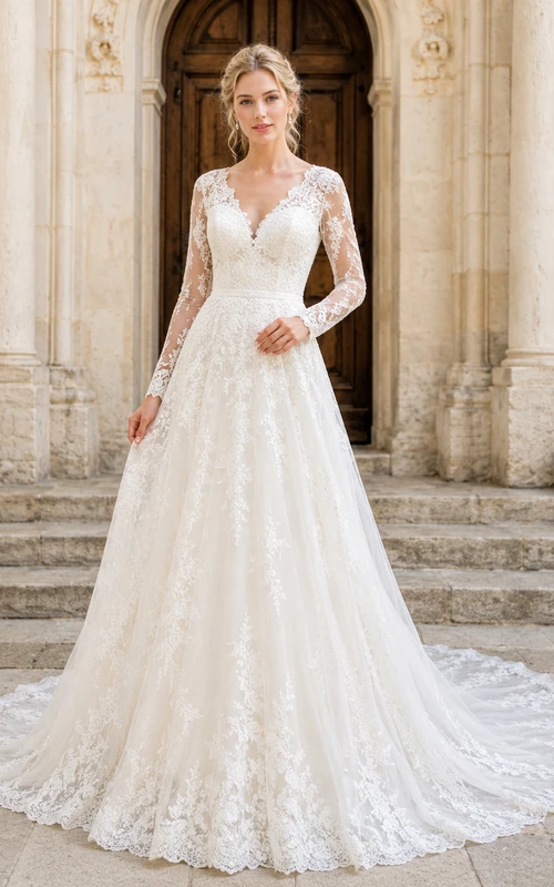 Long Sleeve Lace A-Line Chapel Classic Wedding Dress