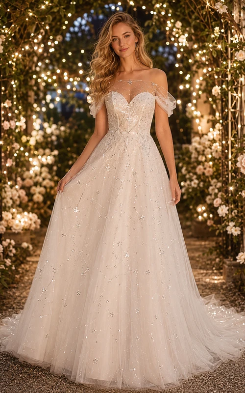 Strapless Celestial Glitter Tulle Night Garden Bridal Gown