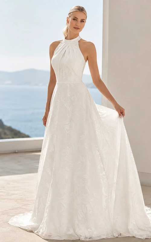 Vestido de novia vintage de corte A con escote halter y largo hasta la rodilla.
