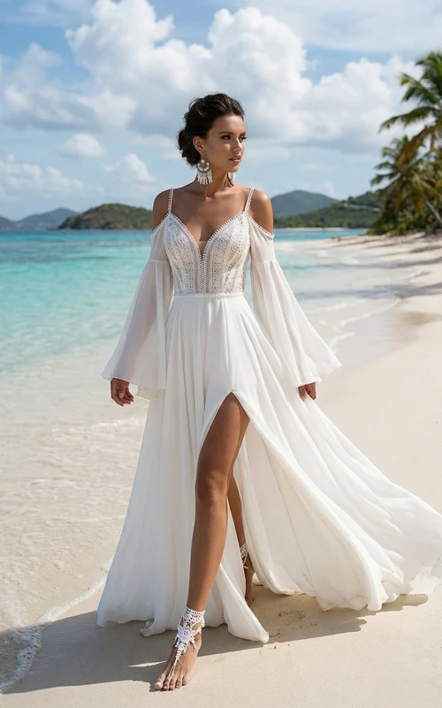Boho-Strandhochzeitskleid, schulterfreies Chiffon-Brautkleid mit Spitzenoberteil und Schlitz