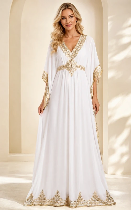 White Gold Chiffon Bell Sleeve V-Neck A-Line Floor Length Kaftan Dress