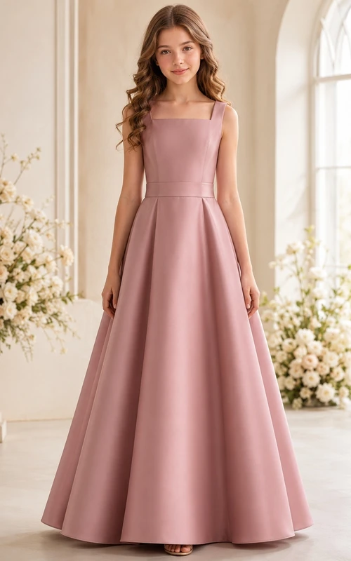 Vestido de dama de honor juvenil color rosa empolvado, corte en A, sin mangas, estilo cuadrado, de lujo.
