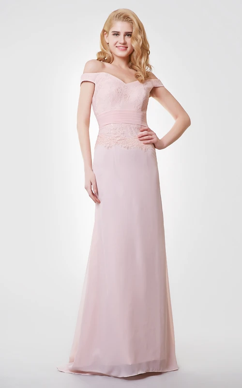 Robe longue en mousseline et dentelle à épaules dénudées