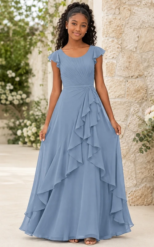 Schieferblaues Brautjungfernkleid in A-Linie mit kurzem, rundem Ausschnitt und Blütenblattärmeln aus Chiffon – elegant