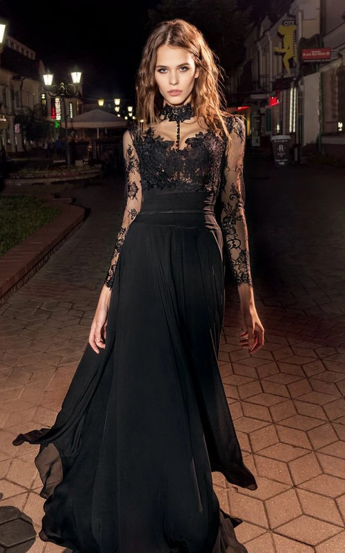 A-Linien-Kleid aus Chiffon mit hohem Kragen, langen Ärmeln und Illusionseffekt sowie Applikationen aus Spitze