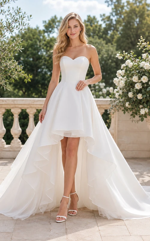 Modernes, trägerloses Brautkleid aus Satin mit asymmetrischem Saum, Kapellenschleppe und Herzausschnitt