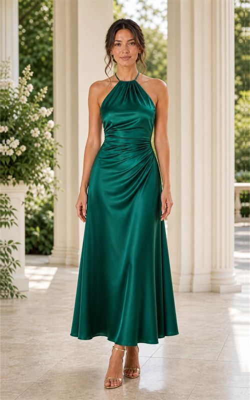 Robe fourreau longue en satin vert foncé à col halter