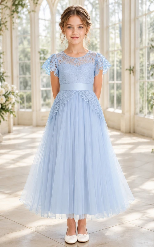 Flower Girl Dress Sky Blue Lace Tulle A-Line Jewel Neck Tea Length
