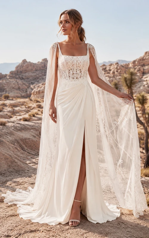 Robe de mariée champêtre en mousseline de soie, coupe trapèze, col carré, sans manches, traîne chapelle et fente.