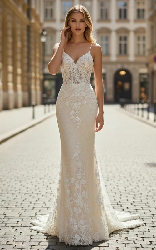Vestido de novia de sirena con escote en V y tirantes, con encaje.