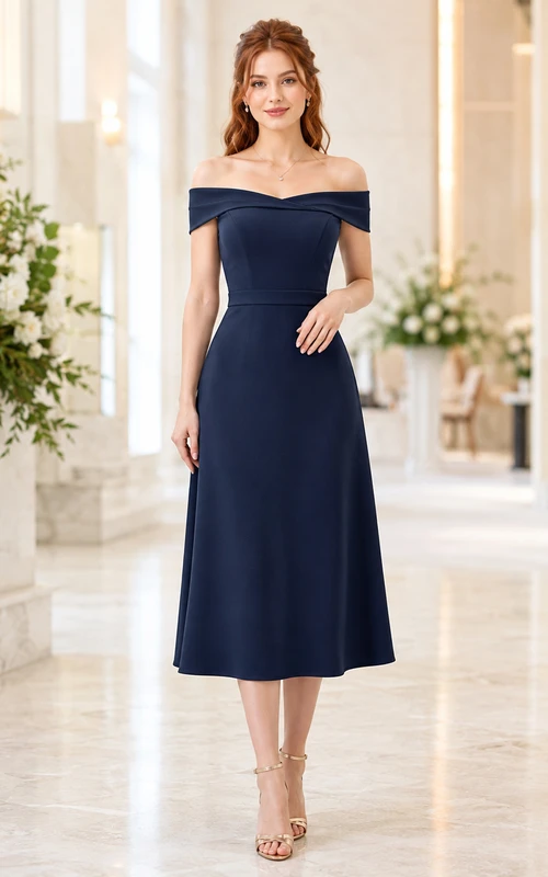 Robe fourreau midi bleu marine à épaules dénudées, idéale pour un banquet.