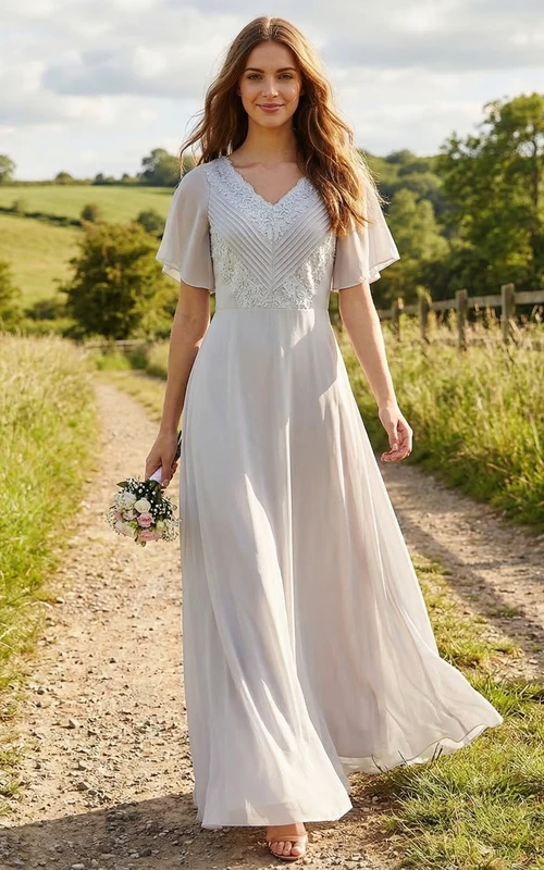 Robe en mousseline à manches bouffantes et col en V froncé