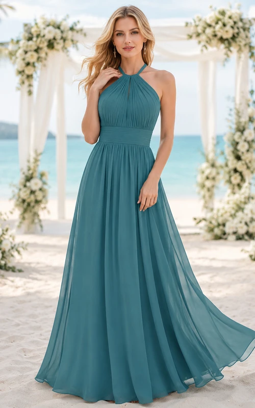 Robe de demoiselle d'honneur longue de plage en mousseline plissée bleu sarcelle à col halter