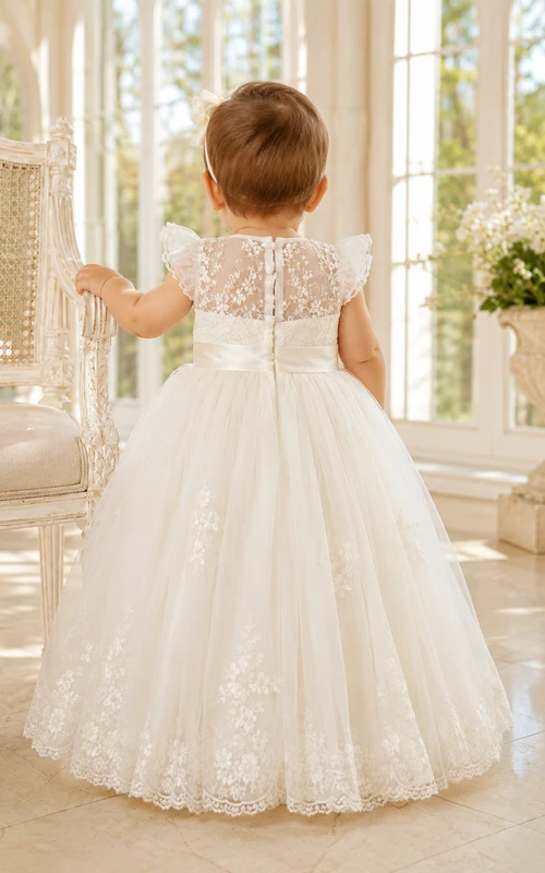 Christening Gown A-Line Tulle Lace Scoop Neck Short Sleeve Applique Skirt