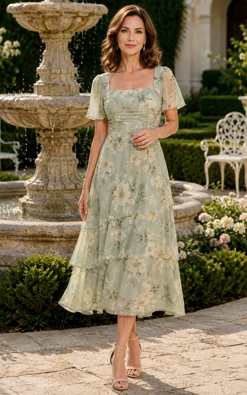 Salbeigrünes, florales Vintage-Kleid aus Chiffon mit eckigem Ausschnitt, Puffärmeln, Stufenrock und A-Linien-Schnitt in Teelänge – ein perfektes Outdoor-Kleid für die Mutter der Braut.