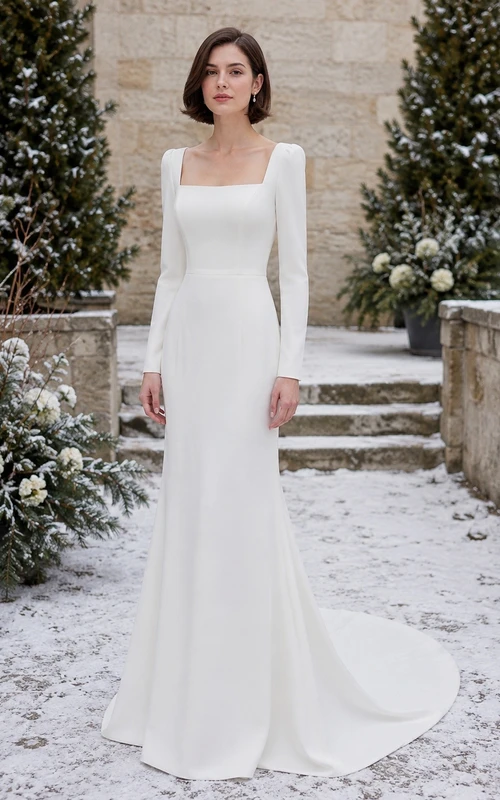 Vestido de novia de invierno sencillo de satén con escote cuadrado, manga larga y cola de sirena.