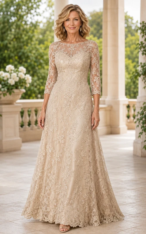 MOB Dress Champagne Lace Sequin A-Line 3/4 Sleeve Bateau Neck Floor Length Beaded