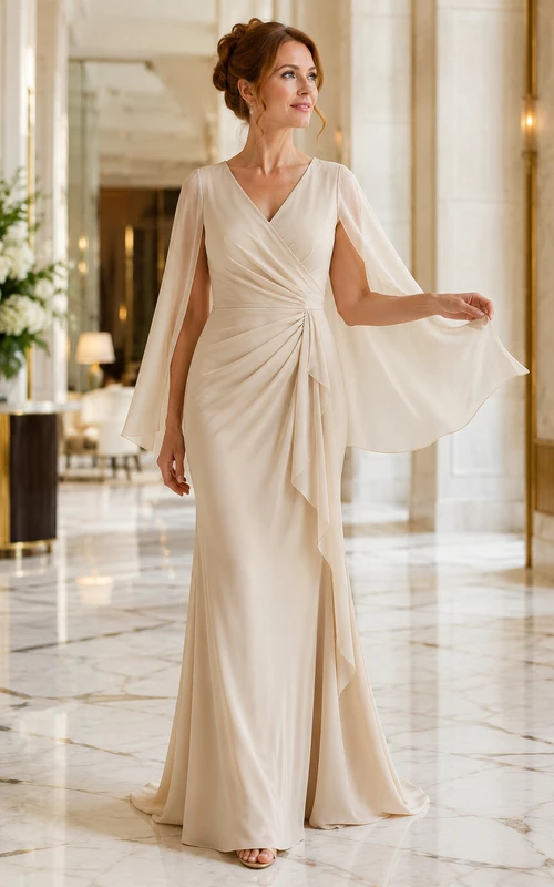 MOB-Kleid, elfenbeinfarbenes Satin-Etuikleid mit Cape-Ärmeln, V-Ausschnitt, bodenlang, Cape-Ärmel-Detail