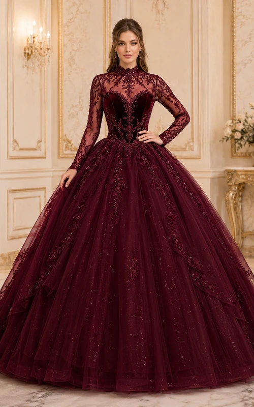 Modest Burgundy Quinceanera Ball Gown High Neck Long Sleeve Dress