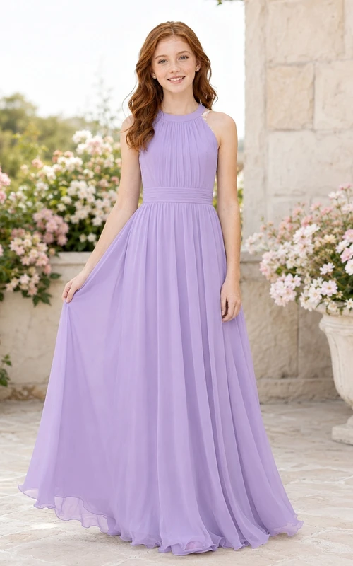 Lavendelfarbenes Brautjungfernkleid für junge Damen, A-Linie, hoher Kragen, ärmellos, Chiffon, plissiert, dezent