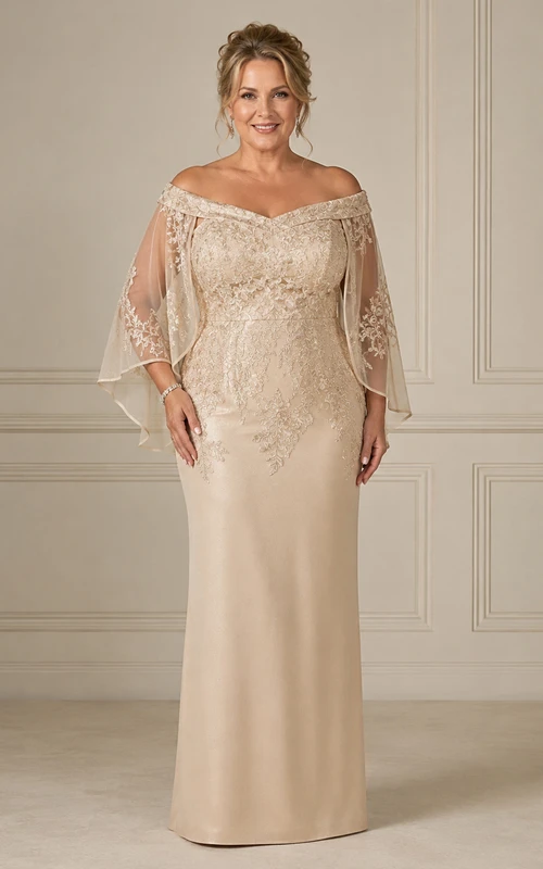 Vestido de satén de manga corta con escote Bardot y capa para madres.
