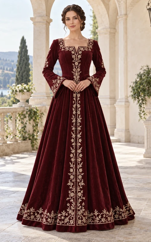 Robe de cérémonie médiévale à manches longues en velours bordeaux brodé, col cranté
